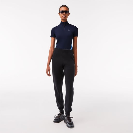 Women's Lacoste Ribbed Collar Zip Neck Short Sleeve Polo Shirt in Navy Blue - Image 6