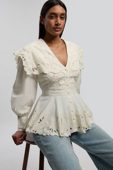 Cutwork Button Collar Detail Woven Blouse - Image 1