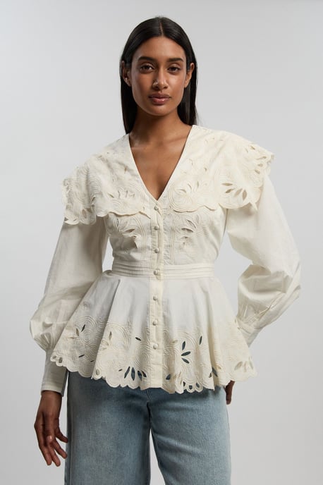 Cutwork Button Collar Detail Woven Blouse - Image 2