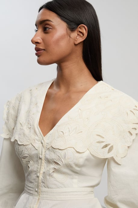 Cutwork Button Collar Detail Woven Blouse - Image 3