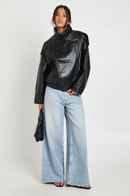 Faux Leather Funnel Neck Jacket - Image 3
