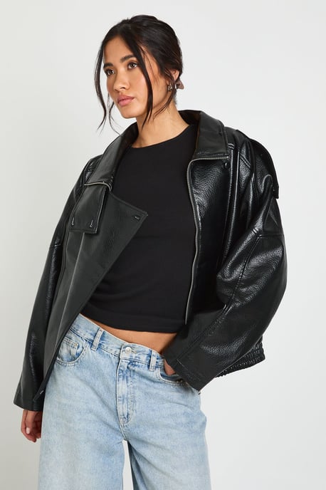 Faux Leather Funnel Neck Jacket - Image 4