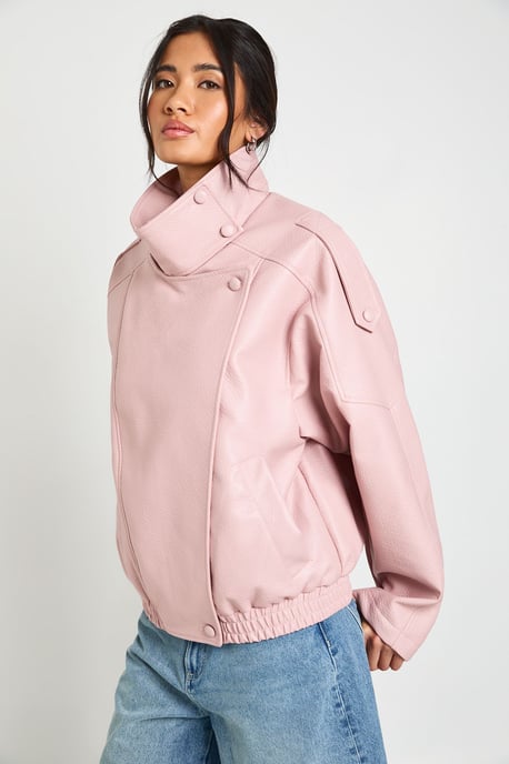 Faux Leather Funnel Neck Jacket - Image 3