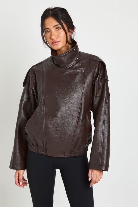 Faux Leather Funnel Neck Jacket - Image 3