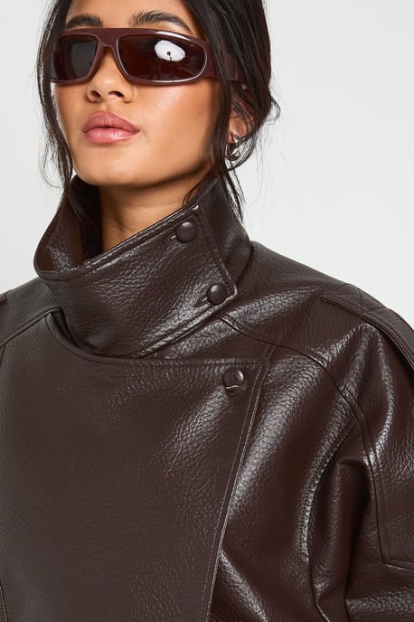 Faux Leather Funnel Neck Jacket - Image 4
