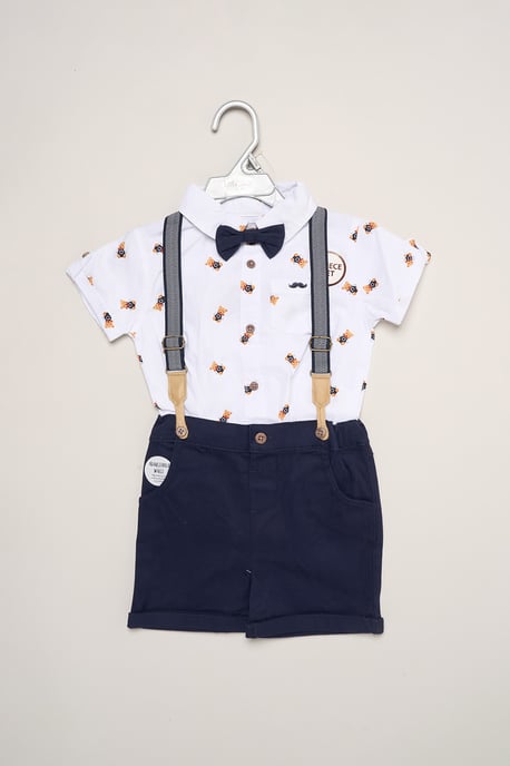 Mock Shirt Bear Print Bodysuit, Bowtie and Shorts with Braces Outfit Set - Image 2