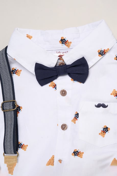 Mock Shirt Bear Print Bodysuit, Bowtie and Shorts with Braces Outfit Set - Image 3