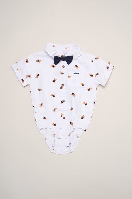 Mock Shirt Bear Print Bodysuit, Bowtie and Shorts with Braces Outfit Set - Image 4