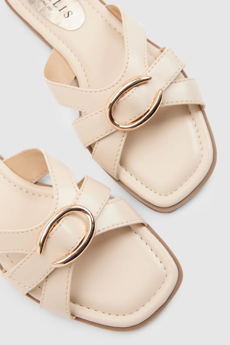 Becky Faux Leather Cross Strap Metal Detail Flat Sliders - Image 4