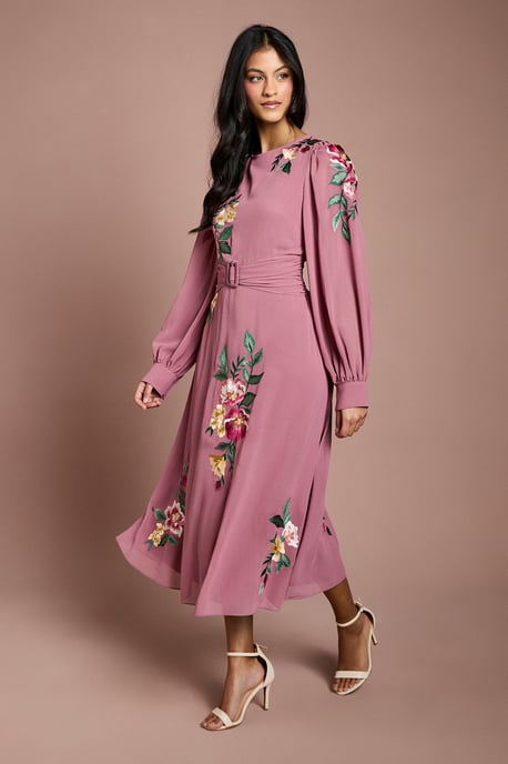 Petite Embroidered Long Sleeve Belted Midi Dress - Image 1