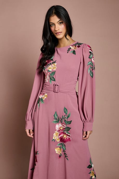 Petite Embroidered Long Sleeve Belted Midi Dress - Image 2