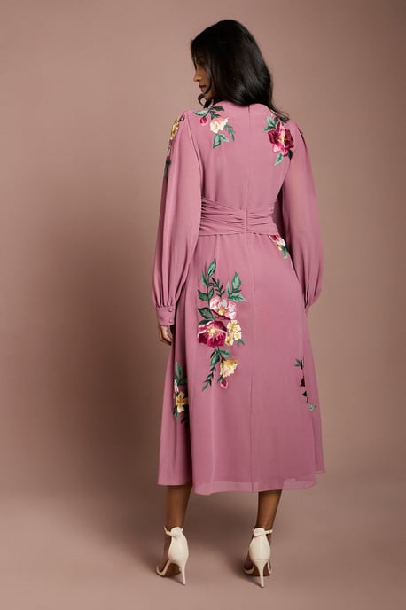 Petite Embroidered Long Sleeve Belted Midi Dress - Image 3
