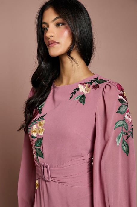 Petite Embroidered Long Sleeve Belted Midi Dress - Image 4