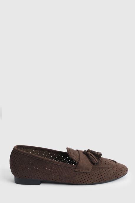 Carmen Faux Suede Cutwork Tassel Soft Loafers - Image 1