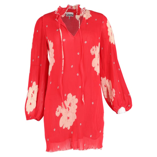 Ganni Ruffle-Trimmed Floral-Print Plissé-Chiffon Mini Dress In Red Viscose - Image 1