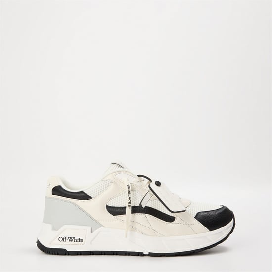 Men's Off White Round Toe Flat Heel Trainers in White/Black - Image 1