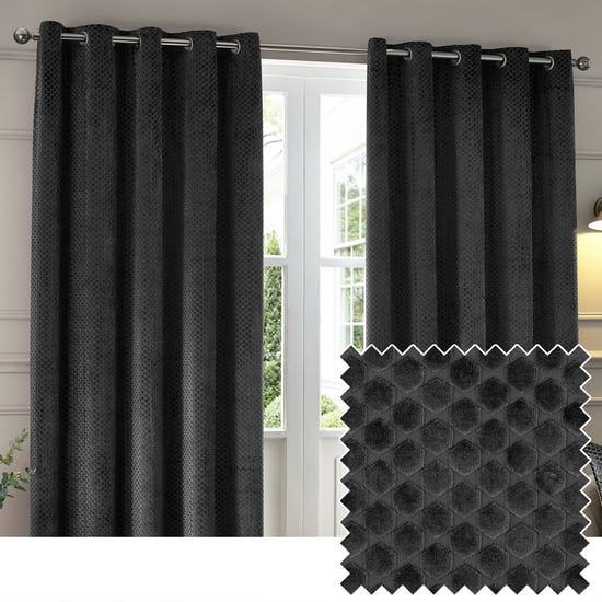 Paoletti Neptune Fully Lined Velvet Eyelet Curtain Pair, Charcoal - Image 1