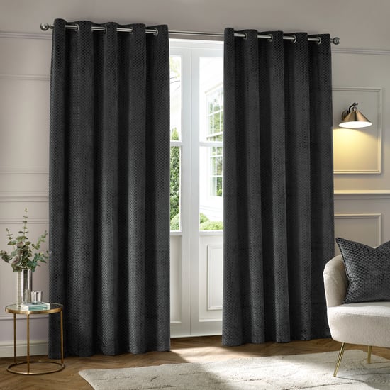 Paoletti Neptune Fully Lined Velvet Eyelet Curtain Pair, Charcoal - Image 2