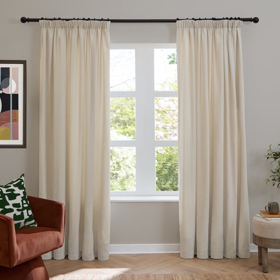 Furn Soft Chenille Blackout Pencil Pleat Curtain Pair, Ecru - Image 2