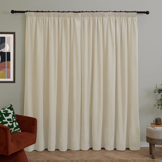 Furn Soft Chenille Blackout Pencil Pleat Curtain Pair, Ecru - Image 3