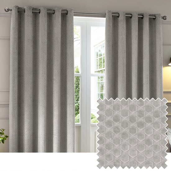 Paoletti Neptune Fully Lined Velvet Eyelet Curtain Pair, Silver - Image 1