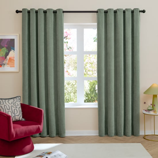 Furn Soft Chenille Blackout Eyelet Curtain Pair, Green - Image 2