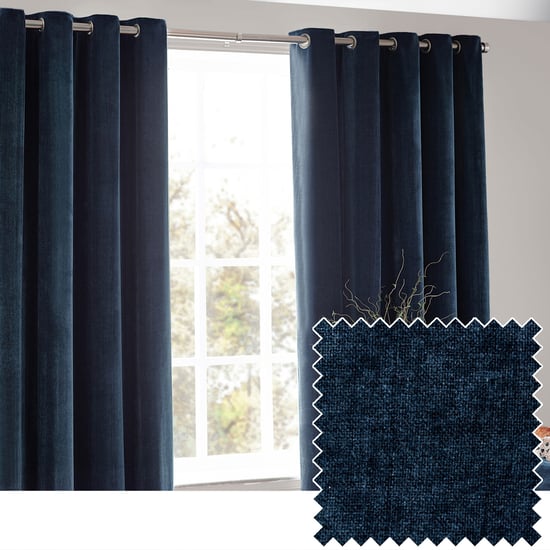 Yard Heavy Chenille Fully Lined Eyelet Curtain Pair, Navy - Image 1