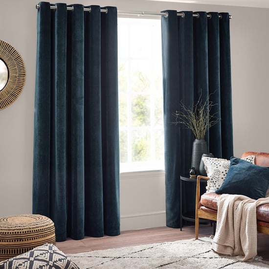 Yard Heavy Chenille Fully Lined Eyelet Curtain Pair, Navy - Image 2