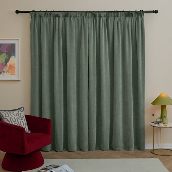 Furn Soft Chenille Blackout Pencil Pleat Curtain Pair, Green - Image 3
