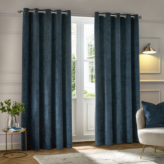Paoletti Neptune Fully Lined Velvet Eyelet Curtain Pair, Navy - Image 2