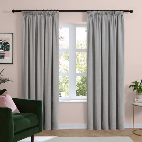 Furn Soft Chenille Blackout Pencil Pleat Curtain Pair, Silver - Image 2