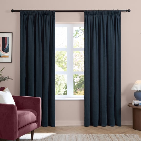 Furn Soft Chenille Blackout Pencil Pleat Curtain Pair, Navy - Image 2