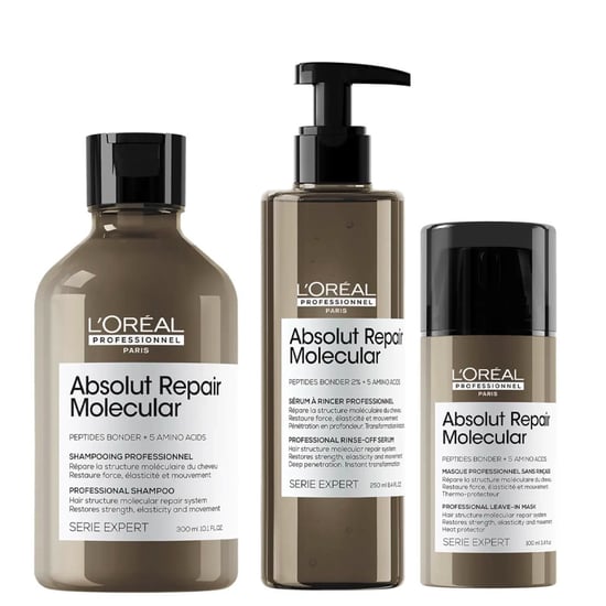 L'oréal Professionnel Serie Expert Absolut Repair Molecular Hair Shampoo 300ml, Leave-in-mask 100ml And Rinse-off Serum 250ml Pack - Image 1