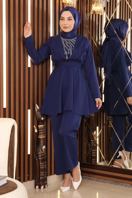 Sten Detailed Med bälte Kostym Indigo - Image 3