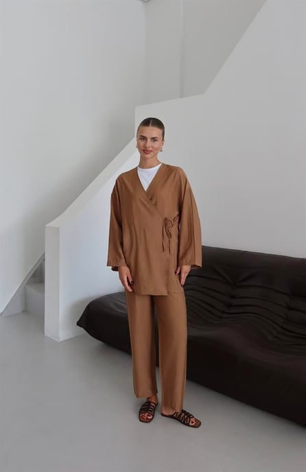 Crinkle Textured Kimono Suit Brown - Image 2