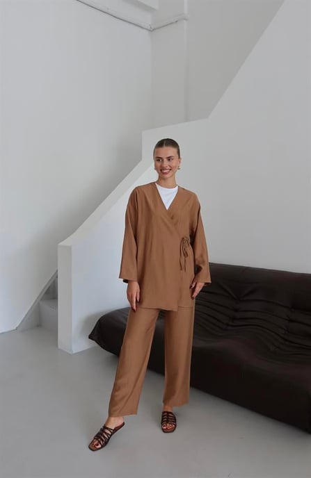 Crinkle Textured Kimono Suit Brown - Image 3