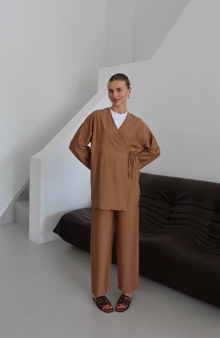 Crinkle Textured Kimono Suit Brown - Image 6