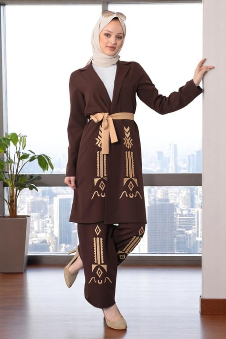 Embroidered Detailed Suit Brown - Image 3