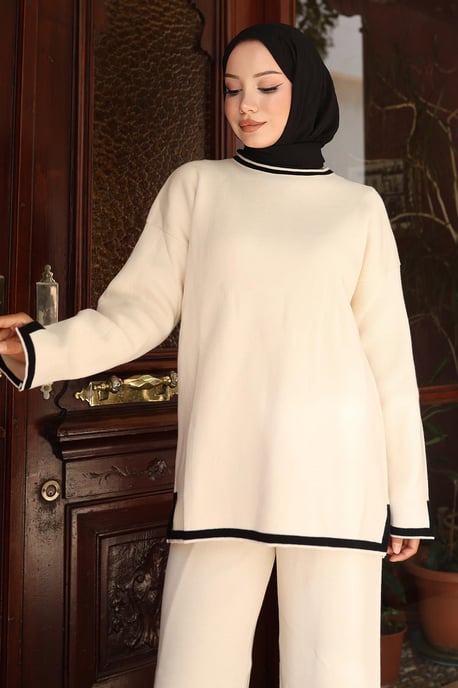 Slit Detailed Knitwear Suit White - Image 4