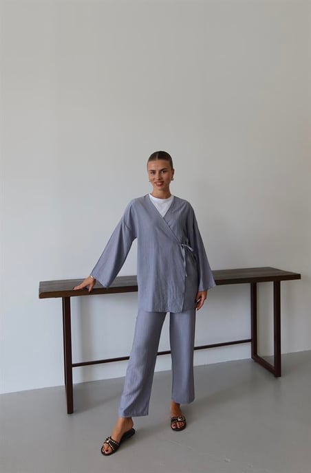 Kreukellook Textured Kimono Pak Grijs - Image 2