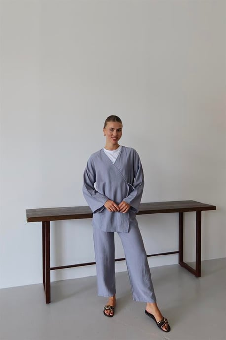 Kreukellook Textured Kimono Pak Grijs - Image 6
