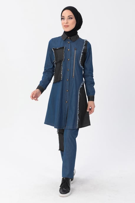Blixtlås Detail Hijab Denim Outfit Mörkblå - Image 2