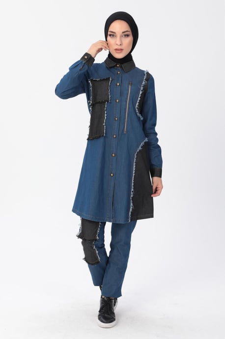 Blixtlås Detail Hijab Denim Outfit Mörkblå - Image 3