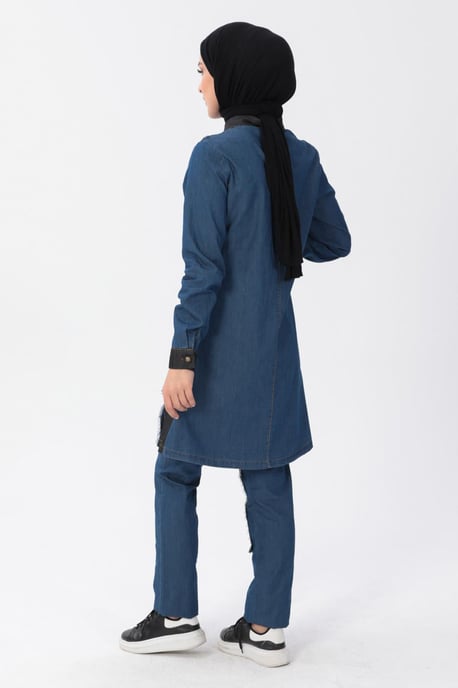 Blixtlås Detail Hijab Denim Outfit Mörkblå - Image 4