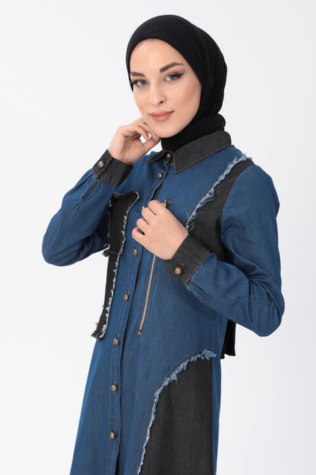 Blixtlås Detail Hijab Denim Outfit Mörkblå - Image 5