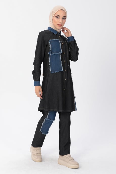 Blixtlås Detail Hijab Denim Outfit Svart - Image 3