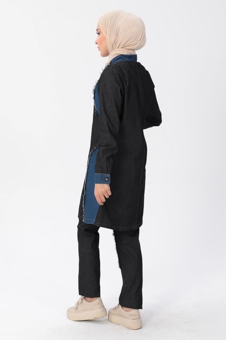 Blixtlås Detail Hijab Denim Outfit Svart - Image 4
