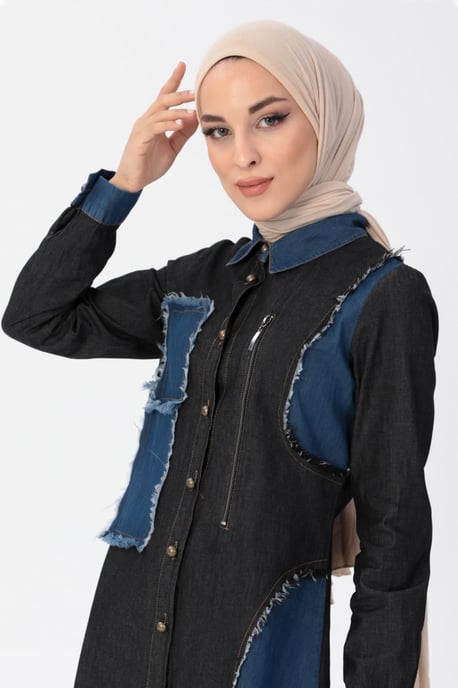 Blixtlås Detail Hijab Denim Outfit Svart - Image 5