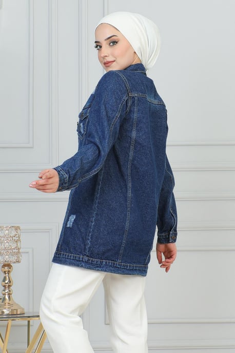 Denim Jasje With Laser Zak Detail Donkerblauw - Image 3