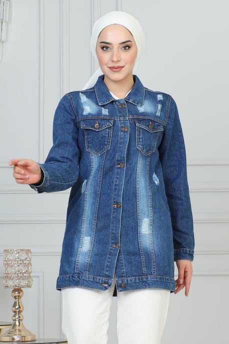 Knäppt Denim Jacka Mörkblå - Image 2